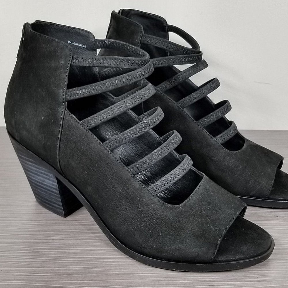 Eileen Fisher James Open Toe Stretch-Strap Bootie, Black Nubuck, Womens Size 9.5